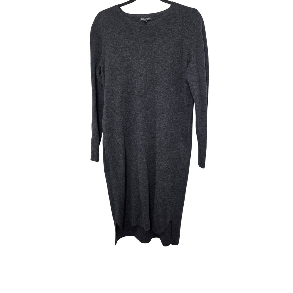 Eileen Fisher 100% Merino Wool Charcoal Gray Long Sleeve Knit Sweater Dress Size